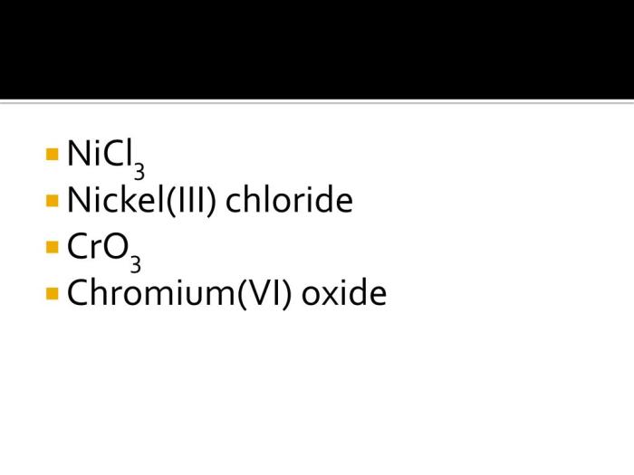 Chemical formula chloride iii compound composition combination represent symbols cro3 nickel oxide chromium